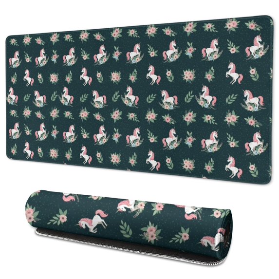 Long Mouse Pads for Desk,Green Cartoon Unicorn Flower Pattern Desk Mats on Top Of Desks, Desk Mouse Pad Extra Large with 3mm Non-Slip Base and Stitched Edge for Gaming,Office,Work,Home 35.4"x15.7"