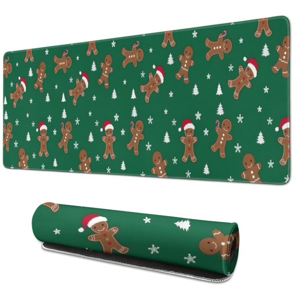 Long Mouse Pads for Desk,Green Christmas Gingerbread Man Pattern Desk Mats on Top Of Desks, Desk Mouse Pad Extra Large with 3mm Non-Slip Base and Stitched Edge for Gaming,Office,Work,Home 31.5x11.8in