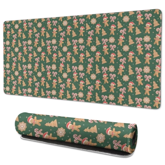 Long Mouse Pads for Desk,Green Christmas Gingerbread and Tree Desk Mats on Top Of Desks, Desk Mouse Pad Extra Large with 3mm Non-Slip Base and Stitched Edge for Gaming,Work,Home 35.4x15.7in