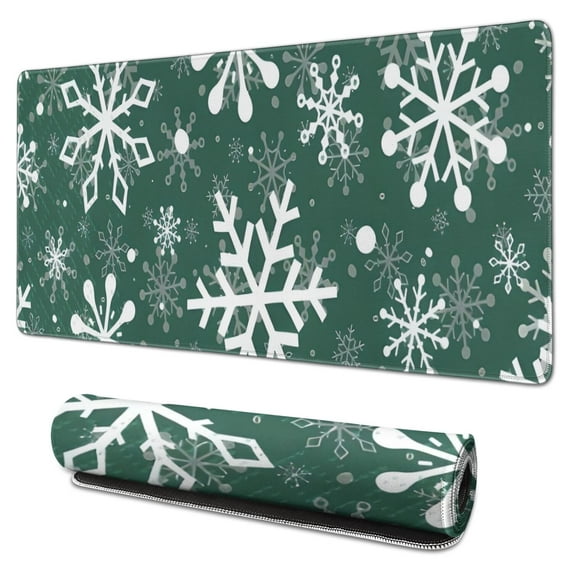 Long Mouse Pads for Desk,Green Christmas Snowflake Pattern Desk Mats on Top Of Desks, Desk Mouse Pad Extra Large with 3mm Non-Slip Base and Stitched Edge for Gaming,Office,Work,Home 31.5x15.7in