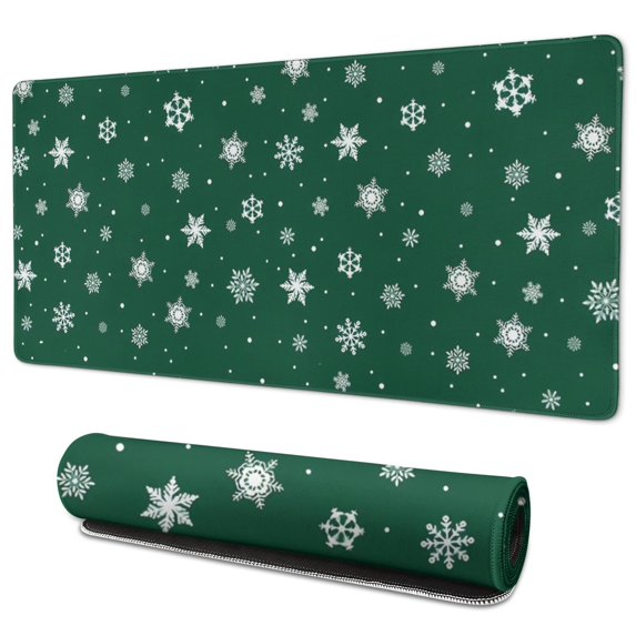Long Mouse Pads for Desk,Green Christmas Snowflake Pattern Desk Mats on Top Of Desks, Desk Mouse Pad Extra Large with 3mm Non-Slip Base and Stitched Edge for Gaming,Office,Work,Home 35.4x15.7in