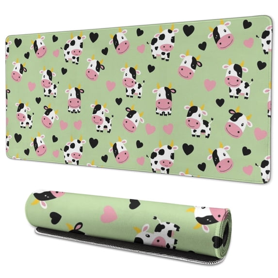 Long Mouse Pads for Desk,Green Cow Heart Pattern Desk Mats on Top Of Desks, Desk Mouse Pad Extra Large with 3mm Non-Slip Base and Stitched Edge for Gaming,Office,Work,Home 35.4"x15.7"