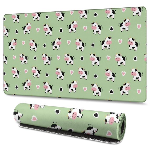 Long Mouse Pads for Desk,Green Cow Heart Pattern Desk Mats on Top Of Desks, Desk Mouse Pad Extra Large with 3mm Non-Slip Base and Stitched Edge for Gaming,Office,Work,Home 47.3"x23.6"