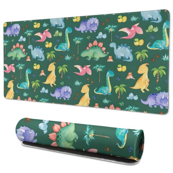 Long Mouse Pads for Desk,Green Dinosaurs Palms Volcanoes Pattern Desk Mats on Top Of Desks, Desk Mouse Pad Extra Large with 3mm Non-Slip Base and Stitched Edge for Gaming,Office,Work,Home 35.4"x15.7"