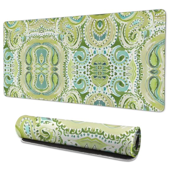 Long Mouse Pads for Desk,Green Ethnic Paisley Pattern Desk Mats on Top Of Desks, Desk Mouse Pad Extra Large with 3mm Non-Slip Base and Stitched Edge for Gaming,Office,Work,Home 35.4"x15.7"