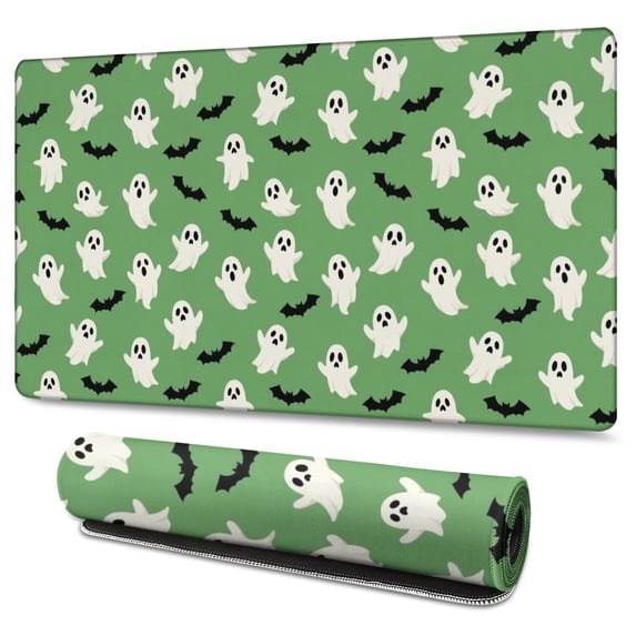 Long Mouse Pads for Desk,Green Ghost Bat Pattern Desk Mats on Top Of Desks, Desk Mouse Pad Extra Large with 3mm Non-Slip Base and Stitched Edge for Gaming,Office,Work,Home 47.3"x23.6"