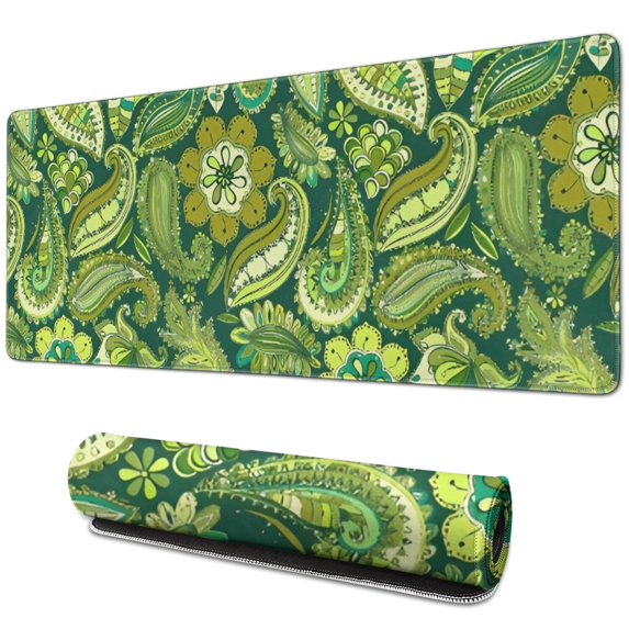 Long Mouse Pads for Desk,Green Pioneer Flower and Paisley Pattern Desk Mats on Top Of Desks, Desk Mouse Pad Extra Large with 3mm Non-Slip Base and Stitched Edge for Gaming,Office,Work,Home 31.5"x11.8"