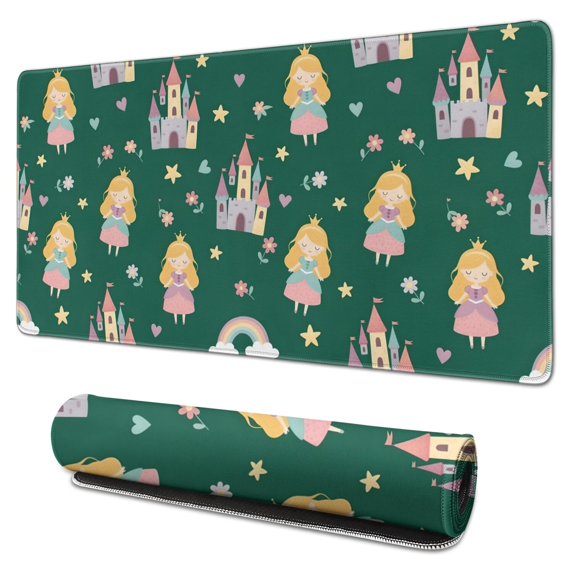 Long Mouse Pads for Desk,Green Princess Castle Pattern Desk Mats on Top Of Desks, Desk Mouse Pad Extra Large with 3mm Non-Slip Base and Stitched Edge for Gaming,Office,Work,Home 31.5"x15.7"