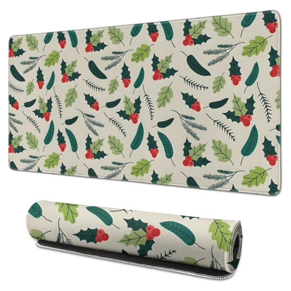 Long Mouse Pads for Desk,Green and Red Christmas Holly Pattern Desk Mats on Top Of Desks, Desk Mouse Pad Extra Large with 3mm Non-Slip Base and Stitched Edge for Gaming,Office,Work,Home 31.5x15.7in