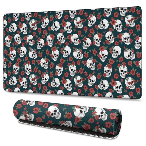 Long Mouse Pads for Desk,Green Skull Rose Pattern Desk Mats on Top Of Desks, Desk Mouse Pad Extra Large with 3mm Non-Slip Base and Stitched Edge for Gaming,Office,Work,Home 47.3"x23.6"