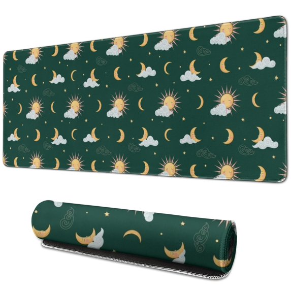 Long Mouse Pads for Desk,Green Sun Moon Cloud Pattern Desk Mats on Top Of Desks, Desk Mouse Pad Extra Large with 3mm Non-Slip Base and Stitched Edge for Gaming,Office,Work,Home 31.5"x11.8"