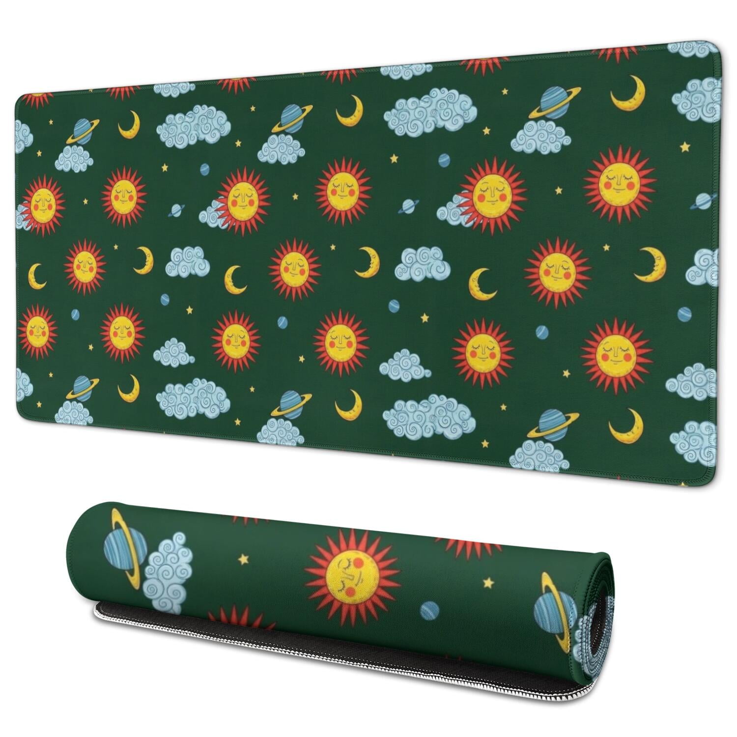 Long Mouse Pads for Desk,Green Sun Moon Cloud Planet Pattern Desk Mats on Top Of Desks, Desk Mouse Pad Extra Large with 3mm Non-Slip Base and Stitched Edge for Gaming,Office,Work,Home 35.4"x15.7"