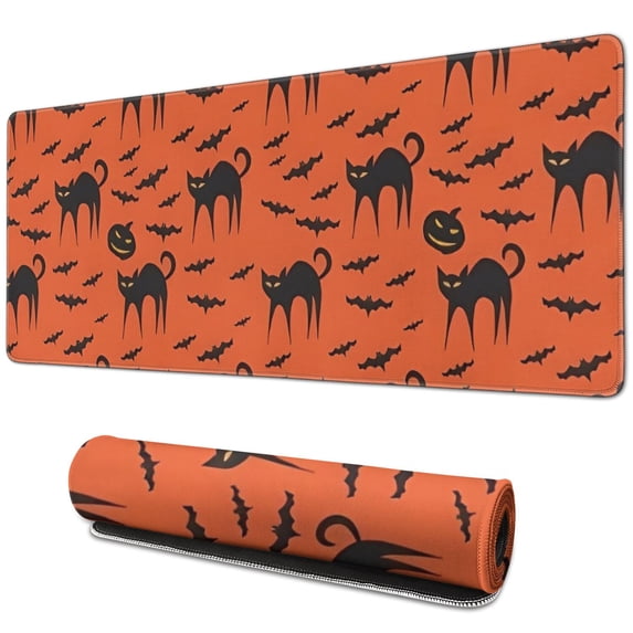 Long Mouse Pads for Desk,Halloween Cat & Bat Pattern Desk Mats on Top Of Desks, Desk Mouse Pad Extra Large with 3mm Non-Slip Base and Stitched Edge for Gaming,Office,Work,Home 31.5"x11.8"