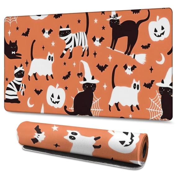 Long Mouse Pads for Desk,Halloween Cat Pattern Desk Mats on Top Of Desks, Desk Mouse Pad Extra Large with 3mm Non-Slip Base and Stitched Edge for Gaming,Office,Work,Home 47.3"x23.6"
