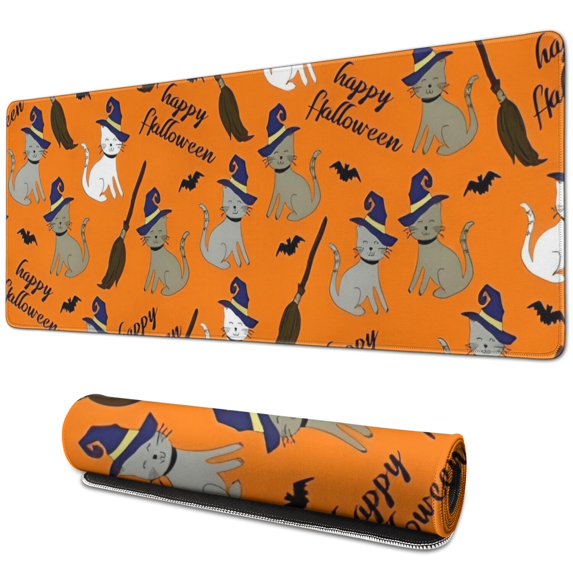 Long Mouse Pads for Desk,Halloween Cats and Brooms Pattern Desk Mats on Top Of Desks, Desk Mouse Pad Extra Large with 3mm Non-Slip Base and Stitched Edge for Gaming,Office,Work,Home 31.5"x11.8"