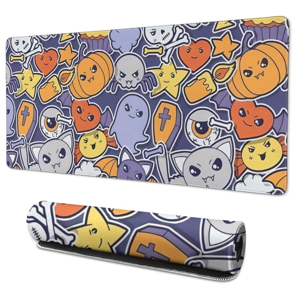 Long Mouse Pads for Desk,Halloween Cute Icons Collage Pattern Desk Mats on Top Of Desks, Desk Mouse Pad Extra Large with 3mm Non-Slip Base and Stitched Edge for Gaming,Office,Work,Home 35.4"x15.7"