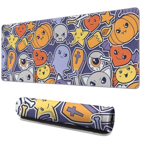 Long Mouse Pads for Desk,Halloween Cute Icons Collage Pattern Desk Mats on Top Of Desks, Desk Mouse Pad Extra Large with 3mm Non-Slip Base and Stitched Edge for Gaming,Office,Work,Home 31.5"x11.8"