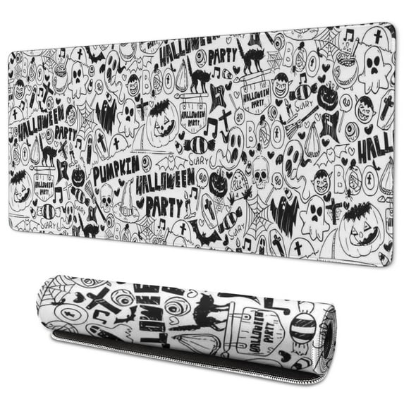 Long Mouse Pads for Desk,Halloween Doodle Pattern Desk Mats on Top Of Desks, Desk Mouse Pad Extra Large with 3mm Non-Slip Base and Stitched Edge for Gaming,Office,Work,Home 35.4"x15.7"