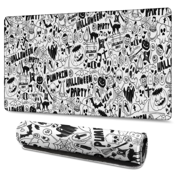 Long Mouse Pads for Desk,Halloween Doodle Pattern Desk Mats on Top Of Desks, Desk Mouse Pad Extra Large with 3mm Non-Slip Base and Stitched Edge for Gaming,Office,Work,Home 47.3"x23.6"