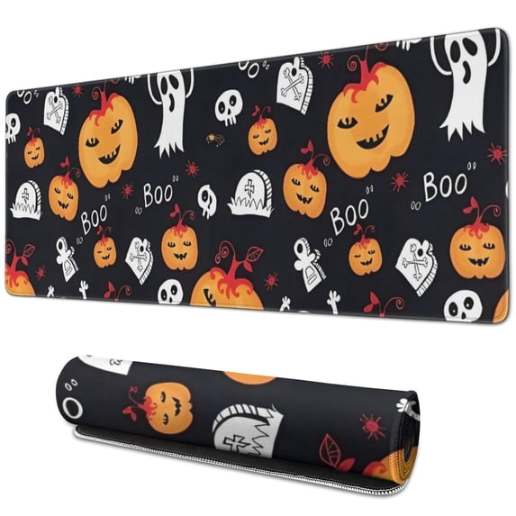 Long Mouse Pads for Desk,Halloween Ghost Pumpkin Medley Pattern Desk Mats on Top Of Desks, Desk Mouse Pad Extra Large with 3mm Non-Slip Base and Stitched Edge for Gaming,Office,Work,Home 31.5x11.8in