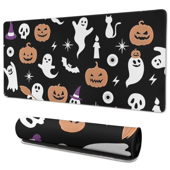 Long Mouse Pads for Desk,Halloween Ghost Pumpkin Pattern Desk Mats on Top Of Desks, Desk Mouse Pad Extra Large with 3mm Non-Slip Base and Stitched Edge for Gaming,Office,Work,Home 35.4x15.7in