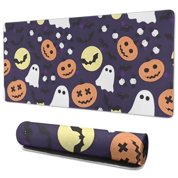 Long Mouse Pads for Desk,Halloween Ghost & Pumpkin Pattern Desk Mats on Top Of Desks, Desk Mouse Pad Extra Large with 3mm Non-Slip Base and Stitched Edge for Gaming,Office,Work,Home 35.4"x15.7"