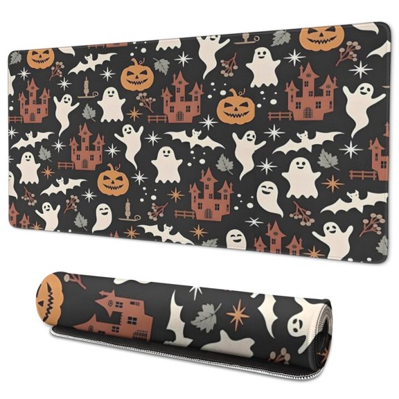 Long Mouse Pads for Desk,Halloween Ghosts Castles and Pumpkins Desk Mats on Top Of Desks, Desk Mouse Pad Extra Large with 3mm Non-Slip Base and Stitched Edge for Gaming,Office,Work,Home 35.4"x15.7"