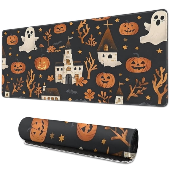 Long Mouse Pads for Desk,Halloween Ghosts Pumpkins and Haunted Houses Desk Mats on Top Of Desks, Desk Mouse Pad Extra Large with 3mm Non-Slip Base and Stitched Edge for Gaming,Work,Home 31.5x11.8in