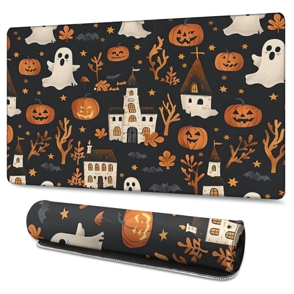 Long Mouse Pads for Desk,Halloween Ghosts Pumpkins and Haunted Houses Desk Mats on Top Of Desks, Desk Mouse Pad Extra Large with 3mm Non-Slip Base and Stitched Edge for Gaming,Work,Home 47.3x23.6in