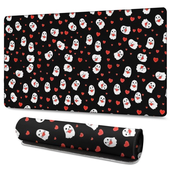 Long Mouse Pads for Desk,Halloween Ghosts with Red Hearts Desk Mats on Top Of Desks, Desk Mouse Pad Extra Large with 3mm Non-Slip Base and Stitched Edge for Gaming,Office,Work,Home 47.3x23.6in