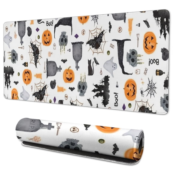 Long Mouse Pads for Desk,Halloween Gravestones Ghosts and Pumpkins Desk Mats on Top Of Desks, Desk Mouse Pad Extra Large with 3mm Non-Slip Base and Stitched Edge for Gaming,Work,Home 35.4x15.7in