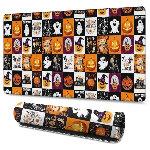 Long Mouse Pads for Desk,Halloween Icons Collage Pattern Desk Mats on Top Of Desks, Desk Mouse Pad Extra Large with 3mm Non-Slip Base and Stitched Edge for Gaming,Office,Work,Home 47.3x23.6in