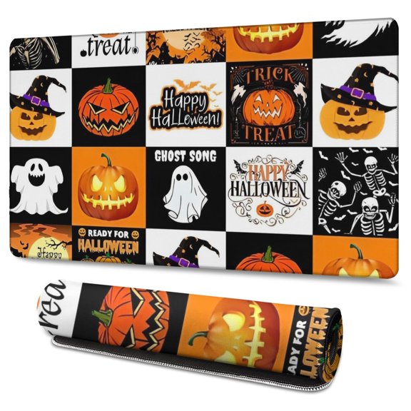 Long Mouse Pads for Desk,Halloween Icons Collage Pattern Desk Mats on Top Of Desks, Desk Mouse Pad Extra Large with 3mm Non-Slip Base and Stitched Edge for Gaming,Office,Work,Home 47.3x23.6in