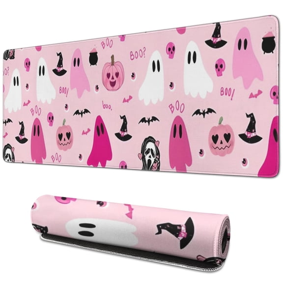 Long Mouse Pads for Desk,Halloween Pink Ghosts and Witchy Elements Desk Mats on Top Of Desks, Desk Mouse Pad Extra Large with 3mm Non-Slip Base and Stitched Edge for Gaming,Work,Home 31.5x11.8in