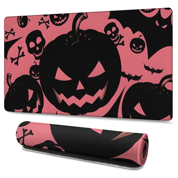 Long Mouse Pads for Desk,Halloween Pink Spooky Pumpkins and Bats Desk Mats on Top Of Desks, Desk Mouse Pad Extra Large with 3mm Non-Slip Base and Stitched Edge for Gaming,Office,Work,Home 47.3x23.6in