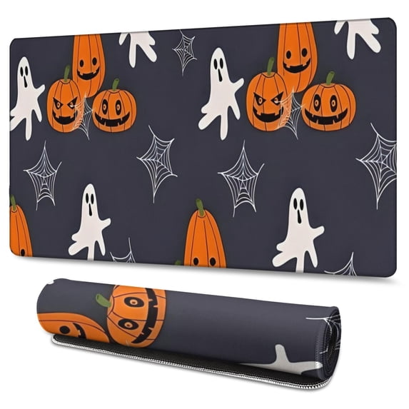 Long Mouse Pads for Desk,Halloween Pumpkins Ghosts and Spider Webs Desk Mats on Top Of Desks, Desk Mouse Pad Extra Large with 3mm Non-Slip Base and Stitched Edge for Gaming,Work,Home 47.3x23.6in