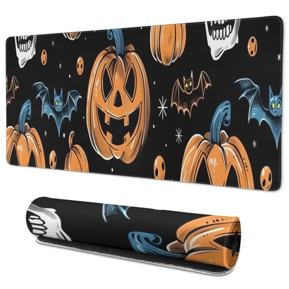Long Mouse Pads for Desk,Halloween Pumpkins Skulls Bats and Eyeballs Desk Mats on Top Of Desks, Desk Mouse Pad Extra Large with 3mm Non-Slip Base and Stitched Edge for Gaming,Work,Home 35.4x15.7in