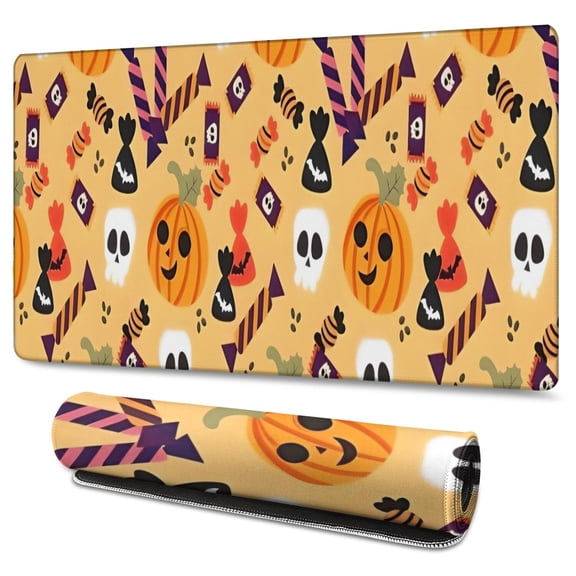 Long Mouse Pads for Desk,Halloween Pumpkins Skulls and Candies Desk Mats on Top Of Desks, Desk Mouse Pad Extra Large with 3mm Non-Slip Base and Stitched Edge for Gaming,Office,Work,Home 47.3x23.6in