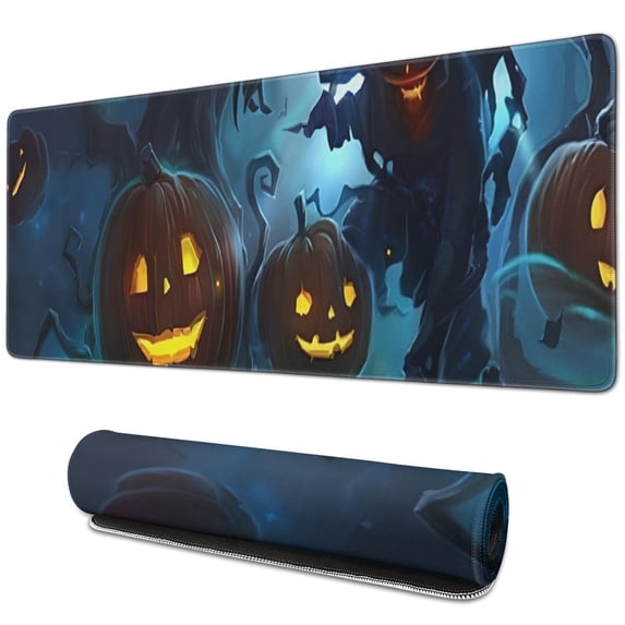 Long Mouse Pads for Desk,Halloween Scarecrow and Pumpkins At Night Desk Mats on Top Of Desks, Desk Mouse Pad Extra Large with 3mm Non-Slip Base and Stitched Edge for Gaming,Work,Home 31.5x11.8in