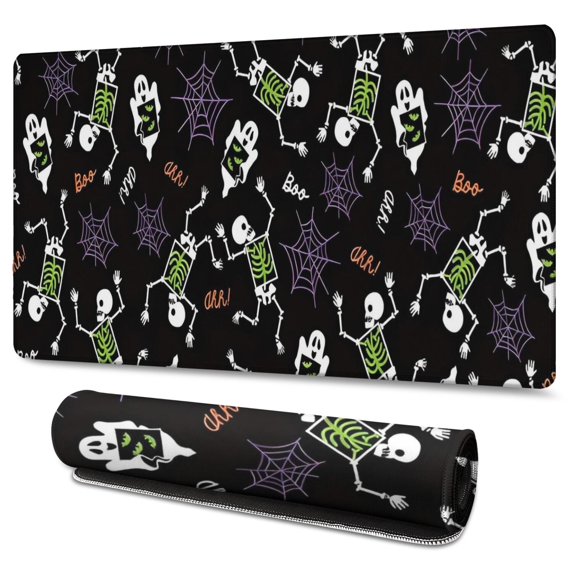 Long Mouse Pads for Desk,Halloween Skeleton Ghost Pattern Desk Mats on Top Of Desks, Desk Mouse Pad Extra Large with 3mm Non-Slip Base and Stitched Edge for Gaming,Office,Work,Home 47.3x23.6in