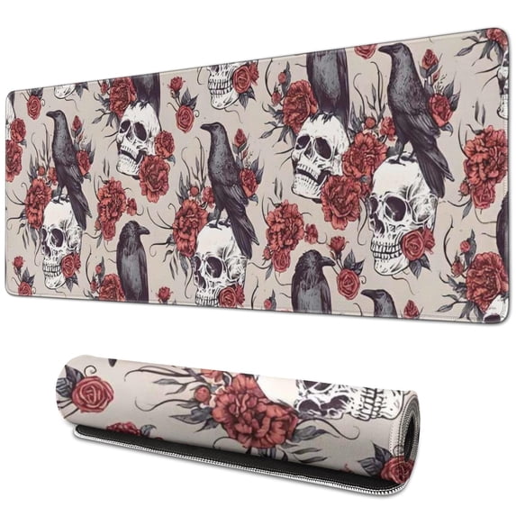 Long Mouse Pads for Desk,Halloween Skulls Ravens and Roses Desk Mats on Top Of Desks, Desk Mouse Pad Extra Large with 3mm Non-Slip Base and Stitched Edge for Gaming,Office,Work,Home 31.5x11.8in