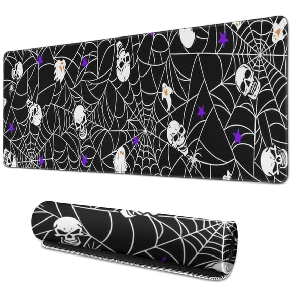 Long Mouse Pads for Desk,Halloween Spider Web and Skulls Pattern Desk Mats on Top Of Desks, Desk Mouse Pad Extra Large with 3mm Non-Slip Base and Stitched Edge for Gaming,Office,Work,Home 31.5x11.8in