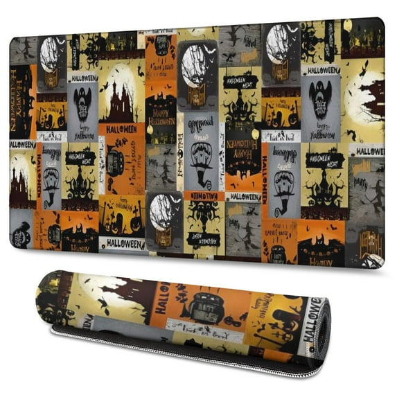 Long Mouse Pads for Desk,Halloween Vintage Halloween Posters Desk Mats on Top Of Desks, Desk Mouse Pad Extra Large with 3mm Non-Slip Base and Stitched Edge for Gaming,Office,Work,Home 47.3x23.6in