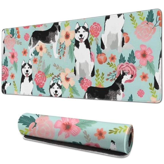 Long Mouse Pads for Desk,Husky and Pioneer Flower Desk Mats on Top Of Desks, Desk Mouse Pad Extra Large with 3mm Non-Slip Base and Stitched Edge for Gaming,Office,Work,Home 31.5"x11.8"