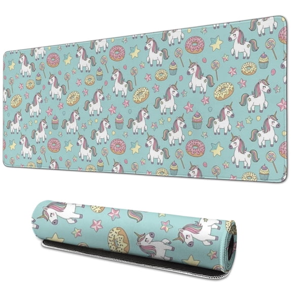 Long Mouse Pads for Desk,Light Blue Cartoon Unicorn Donut Lollipop Desk Mats on Top Of Desks, Desk Mouse Pad Extra Large with 3mm Non-Slip Base and Stitched Edge for Gaming,Work,Home 31.5"x11.8"