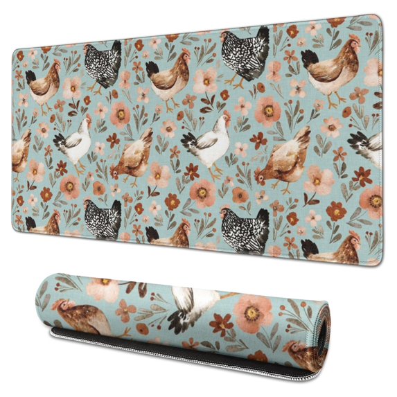 Long Mouse Pads for Desk,Light Blue Chicken Floral Pattern Desk Mats on Top Of Desks, Desk Mouse Pad Extra Large with 3mm Non-Slip Base and Stitched Edge for Gaming,Office,Work,Home 31.5x15.7in
