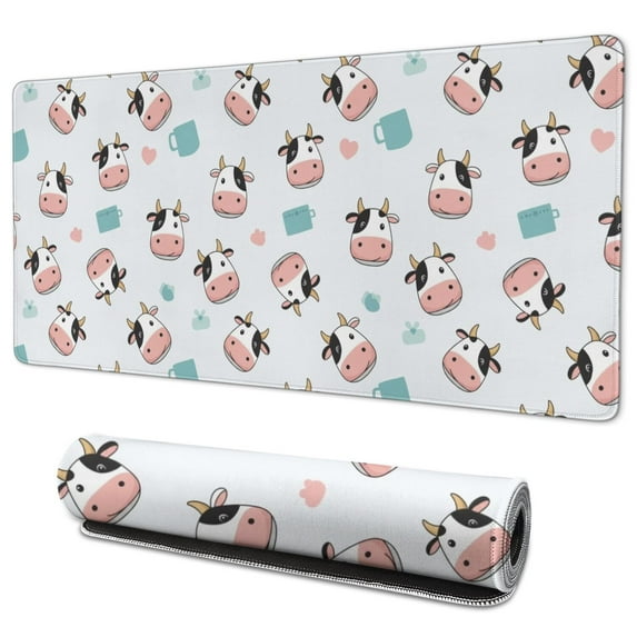 Long Mouse Pads for Desk,Light Blue Cow Coffee Pattern Desk Mats on Top Of Desks, Desk Mouse Pad Extra Large with 3mm Non-Slip Base and Stitched Edge for Gaming,Office,Work,Home 35.4"x15.7"