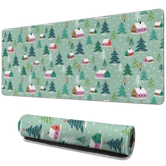 Long Mouse Pads for Desk,Light Green Christmas Village Pattern Desk Mats on Top Of Desks, Desk Mouse Pad Extra Large with 3mm Non-Slip Base and Stitched Edge for Gaming,Office,Work,Home 31.5x11.8in
