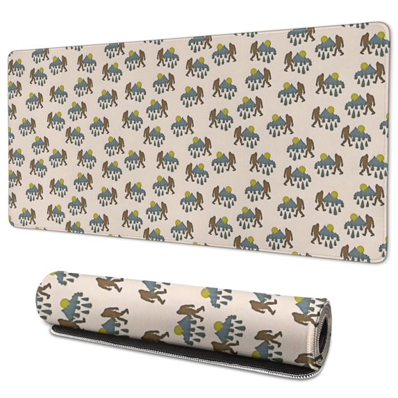 Long Mouse Pads for Desk,Light Pink Bigfoot and Mountain Pattern Desk Mats on Top Of Desks, Desk Mouse Pad Extra Large with 3mm Non-Slip Base and Stitched Edge for Gaming,Office,Work,Home 35.4"x15.7"