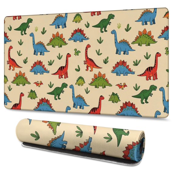 Long Mouse Pads for Desk,LightBeige Cartoon Dinosaurs Plants Desk Mats on Top Of Desks, Desk Mouse Pad Extra Large with 3mm Non-Slip Base and Stitched Edge for Gaming,Work,Home 47.3"x23.6"